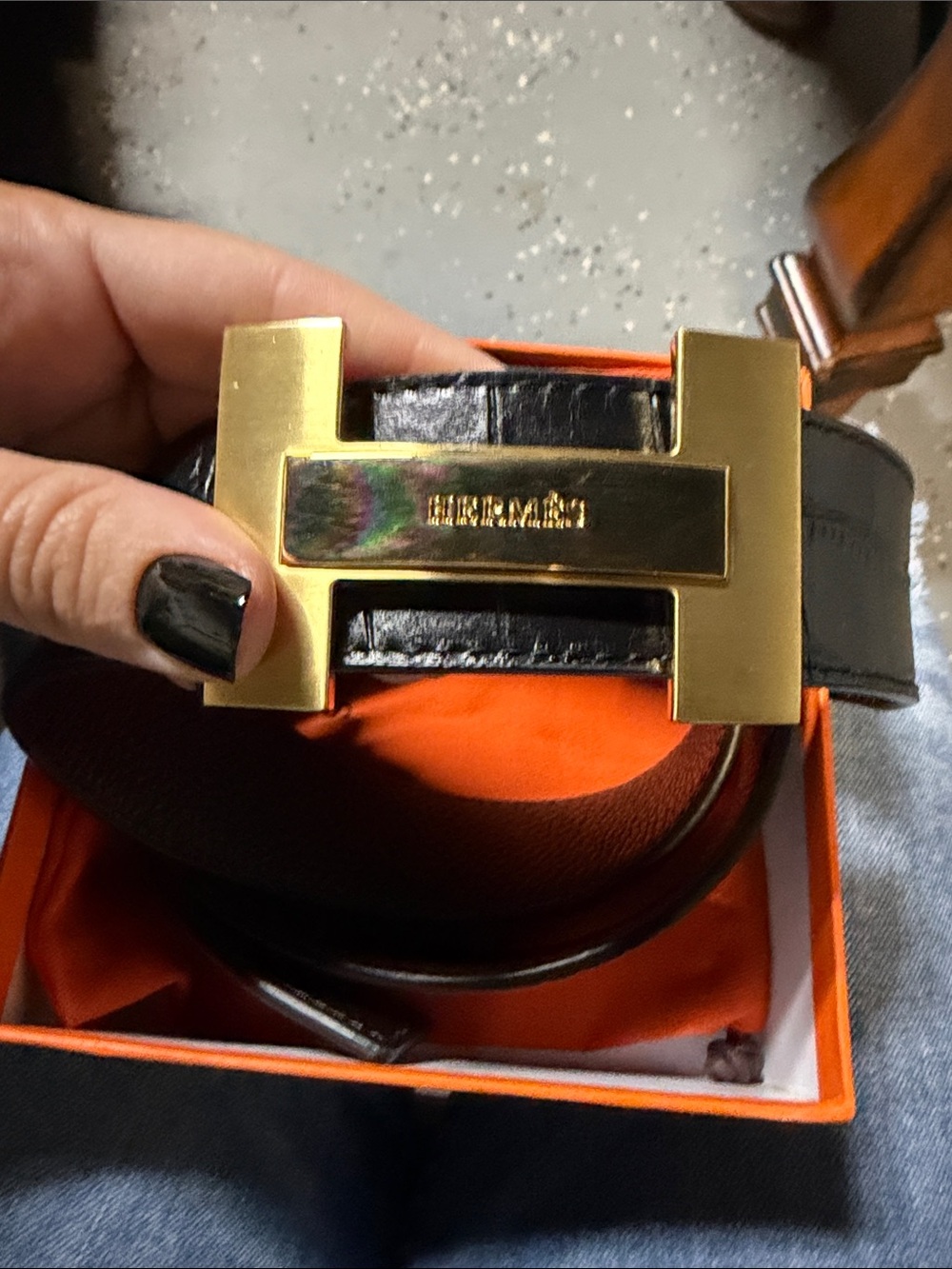 Black Leather Belt with Gold H Buckle